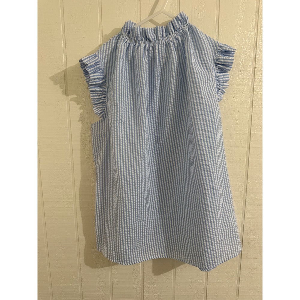 The Mint Julep Boutique Blue White Seersucker Ruffle Neck Sleeveless Top Medium